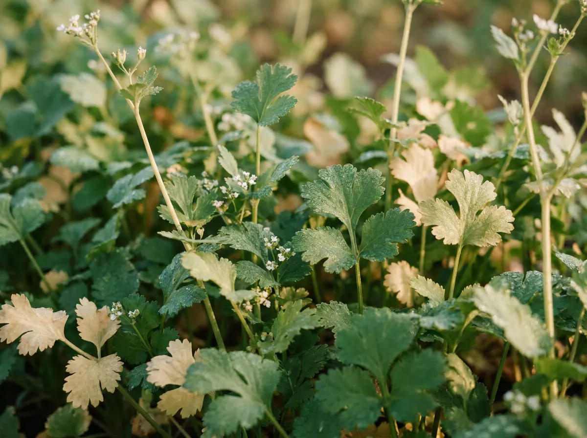 Young cilantro leafy tops growing densely in a field row